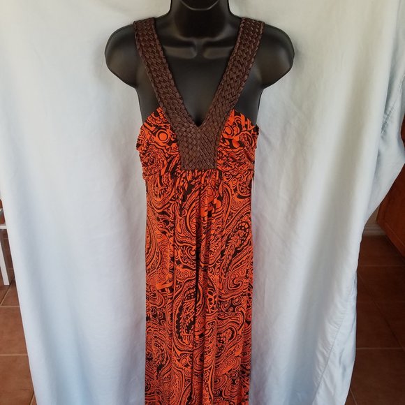NWT Bisou Bisou Size 14 Orange Brown Sleeveless Full Length Dress - Picture 2 of 8